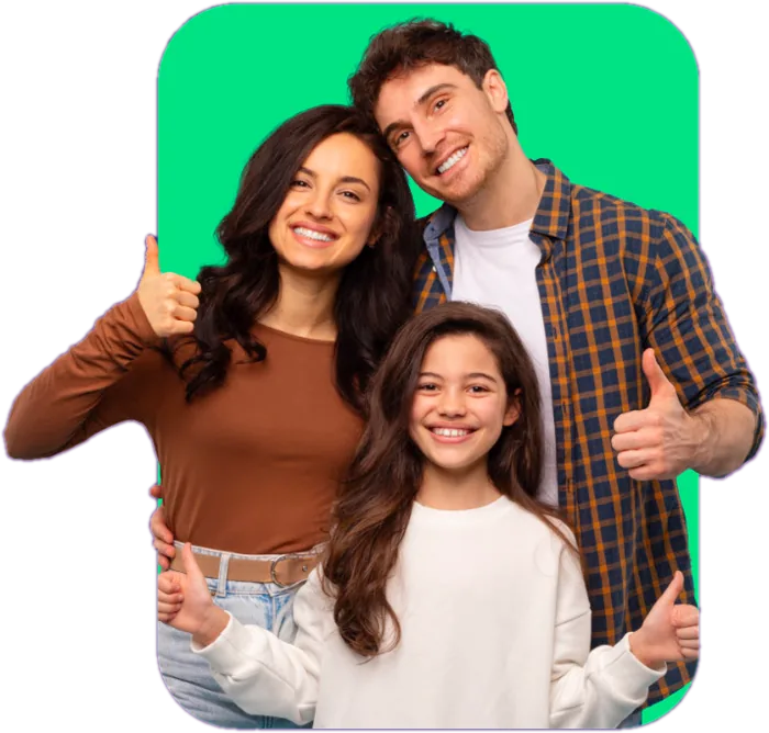 A smiling family giving thumbs up