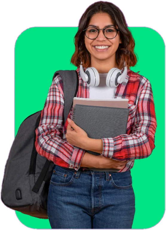 A smiling student with a backpack and books